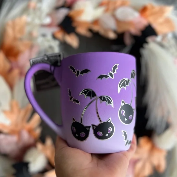 ✨NEW👻Cobwebs and Cauldrons Purple Soft Touch Cherry Bats Halloween Mug💜 - Picture 7 of 7